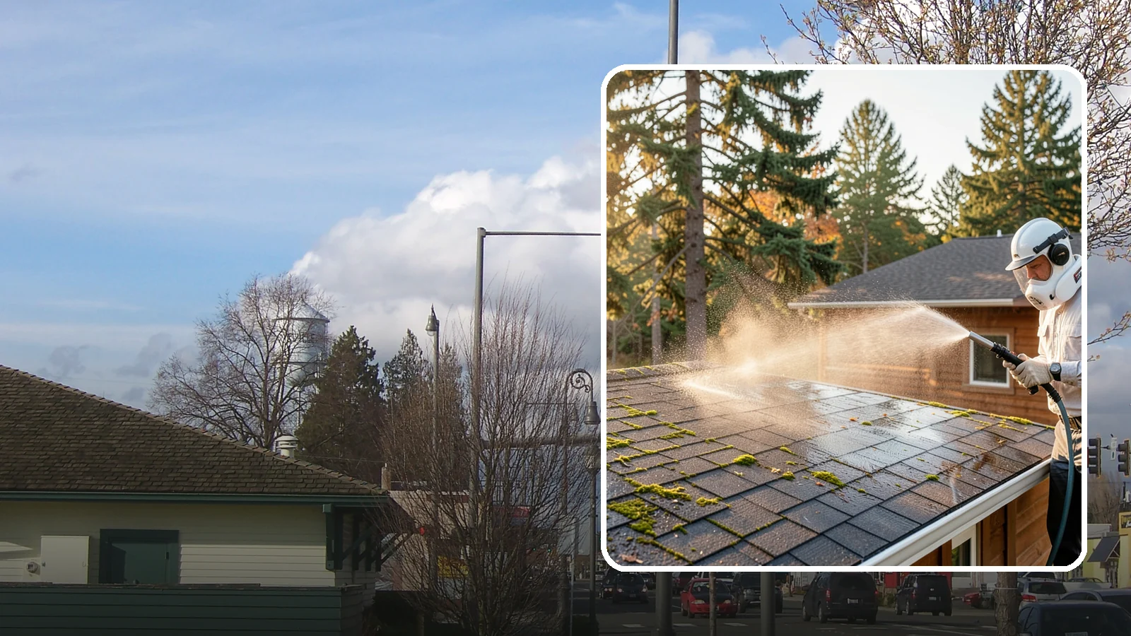Soft Roof Washing in Marysville, Snohomish County, WA - A gentle low-pressure soft wash that safely removes organic growth from delicate or aging Washington roofs.
