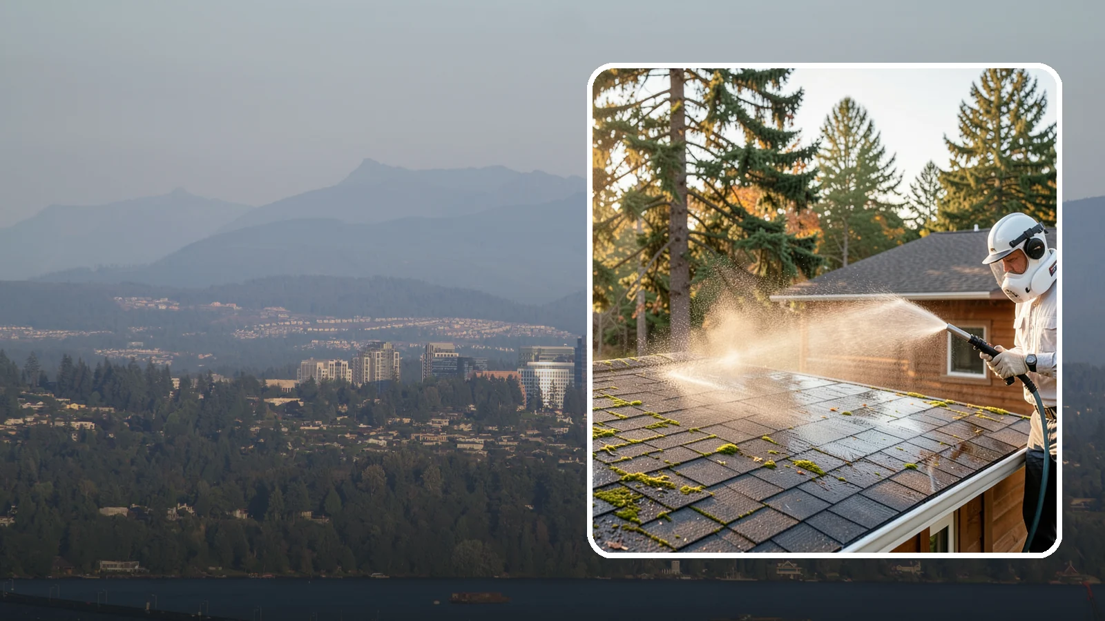 Soft Roof Washing in Medina, King County, WA - A gentle low-pressure soft wash that safely removes organic growth from delicate or aging Washington roofs.