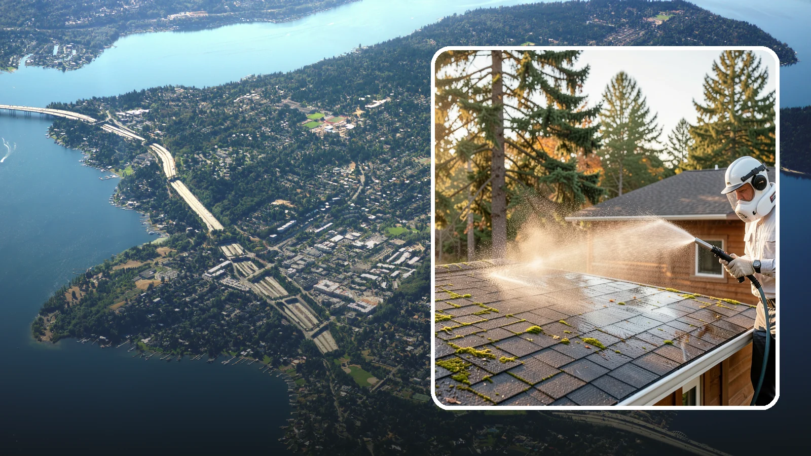 Soft Roof Washing in Mercer Island, King County, WA - A gentle low-pressure soft wash that safely removes organic growth from delicate or aging Washington roofs.