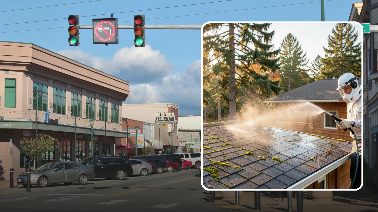 Soft Roof Washing in Monroe, Snohomish County, WA - A gentle low-pressure soft wash that safely removes organic growth from delicate or aging Washington roofs.