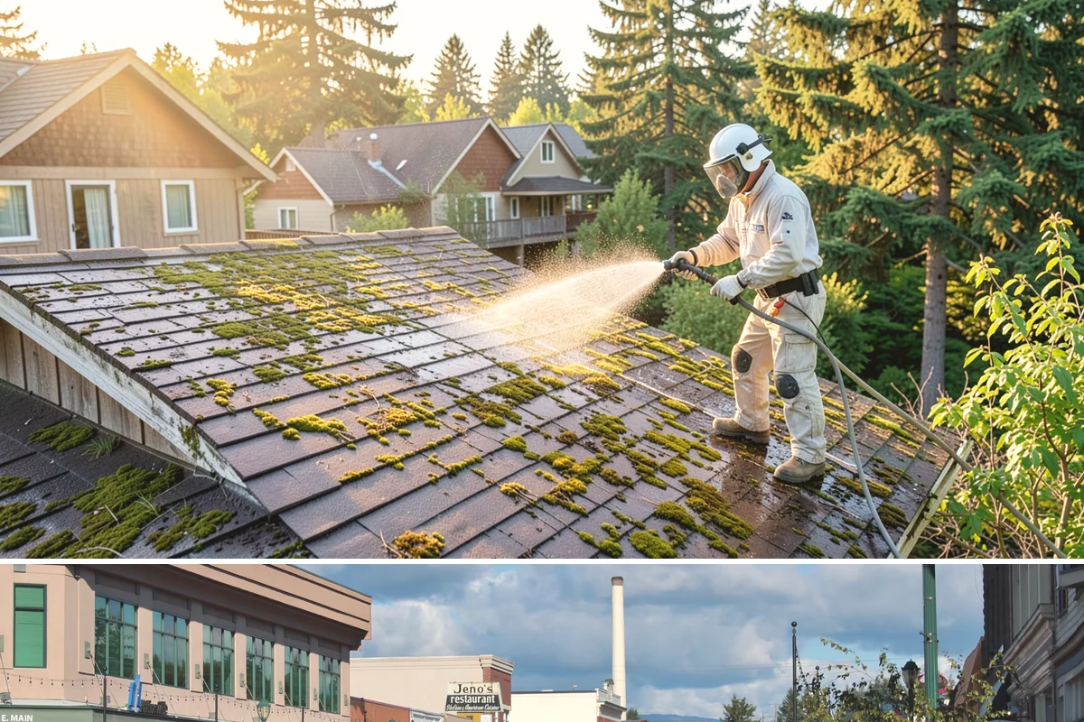 Soft Roof Washing in Monroe, Snohomish County, WA - Dry, mild days in summer give the soft wash solution ideal conditions to break down growth completely.