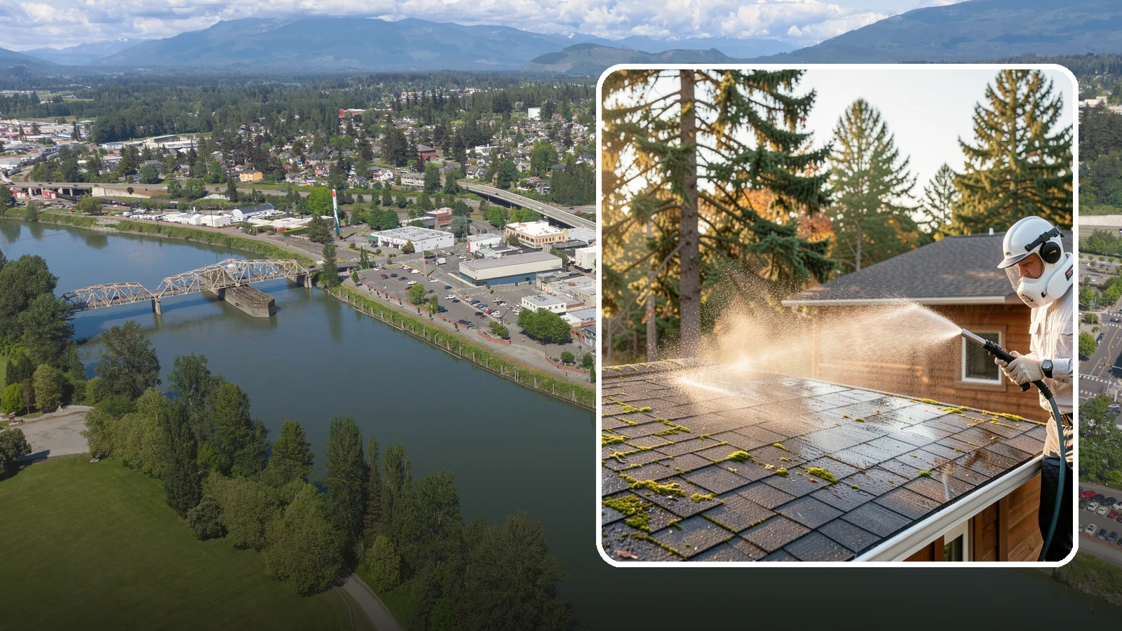 Soft Roof Washing in Mount Vernon, Skagit County, WA - A gentle low-pressure soft wash that safely removes organic growth from delicate or aging Washington roofs.
