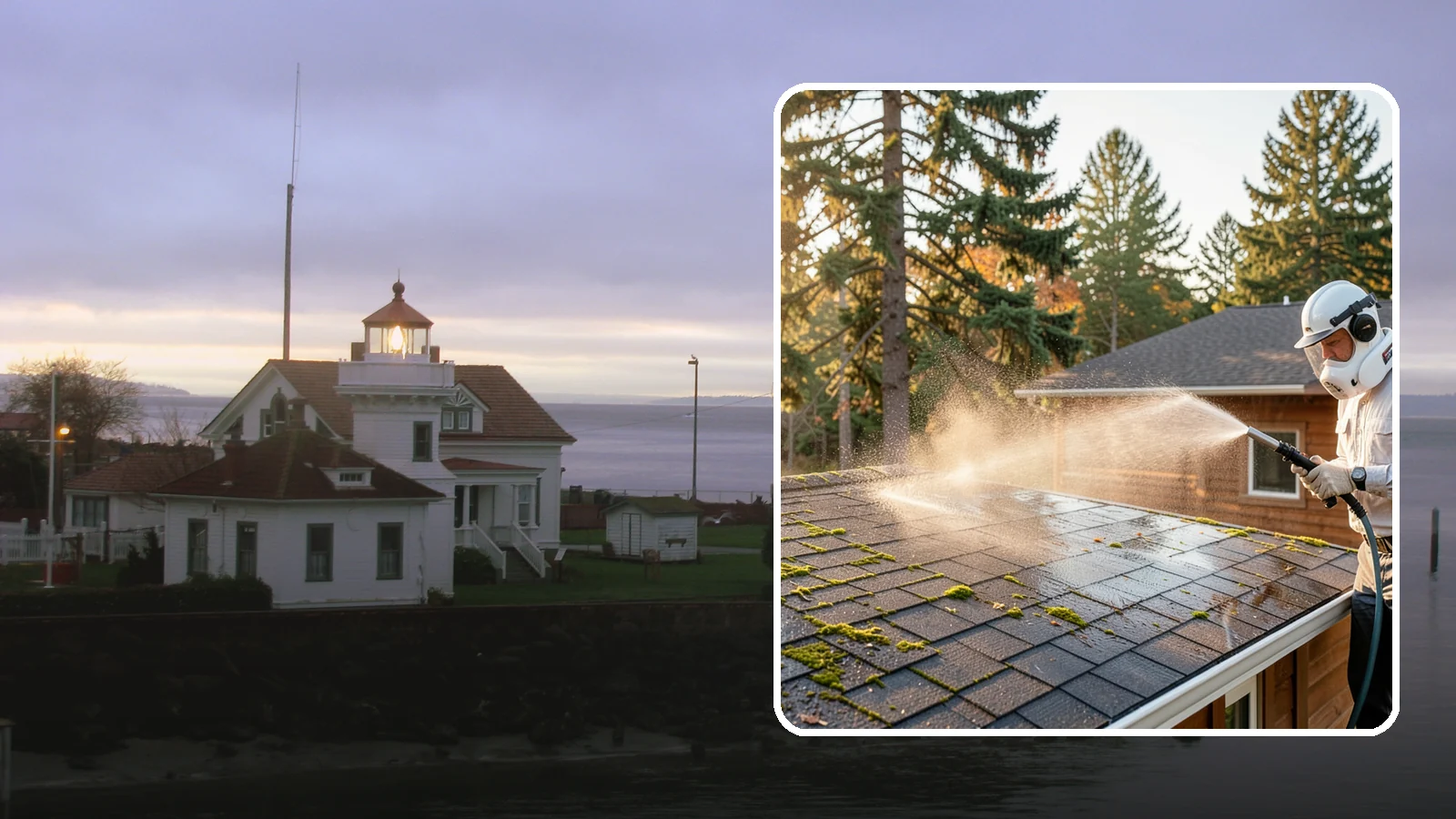 Soft Roof Washing in Mukilteo, Snohomish County, WA - A gentle low-pressure soft wash that safely removes organic growth from delicate or aging Washington roofs.