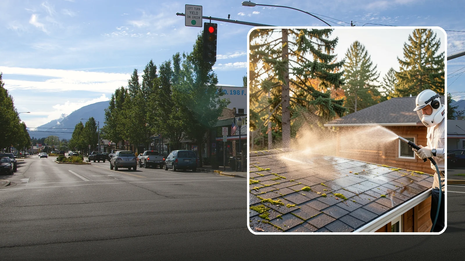 Soft Roof Washing in North Bend, King County, WA - A gentle low-pressure soft wash that safely removes organic growth from delicate or aging Washington roofs.