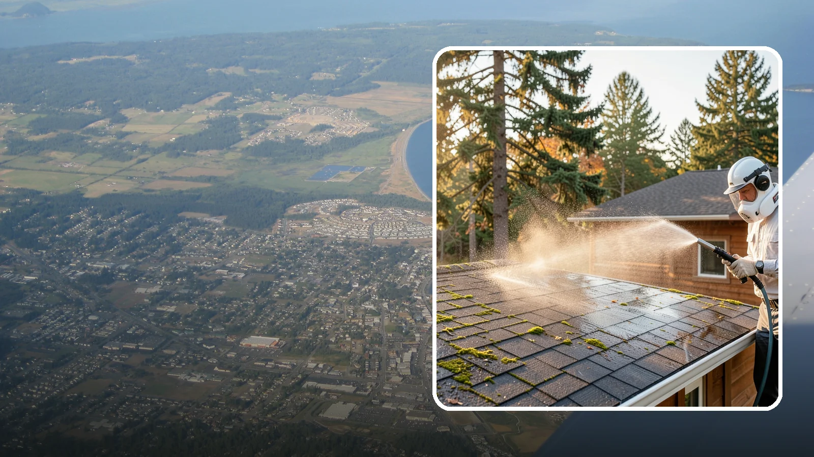 Soft Roof Washing in Oak Harbor, Island County, WA - A gentle low-pressure soft wash that safely removes organic growth from delicate or aging Washington roofs.