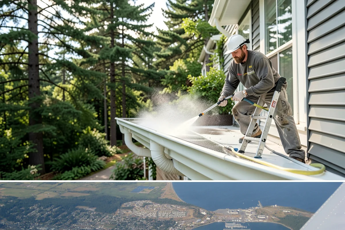 Soft Roof Washing in Oak Harbor, Island County, WA - Dry, mild days in summer give the soft wash solution ideal conditions to break down growth completely.
