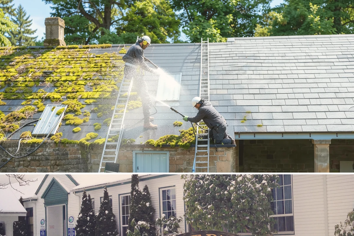 Soft Roof Washing in Pacific, King County, WA - Dry, mild days in summer give the soft wash solution ideal conditions to break down growth completely.
