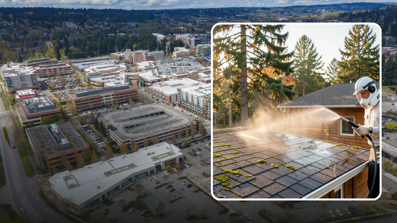 Soft Roof Washing in Redmond, King County, WA - A gentle low-pressure soft wash that safely removes organic growth from delicate or aging Washington roofs.