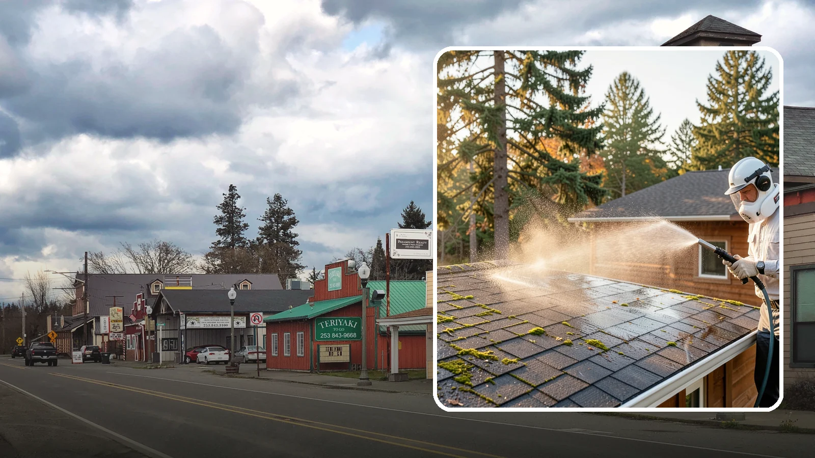 Soft Roof Washing in Roy, Pierce County, WA - A gentle low-pressure soft wash that safely removes organic growth from delicate or aging Washington roofs.
