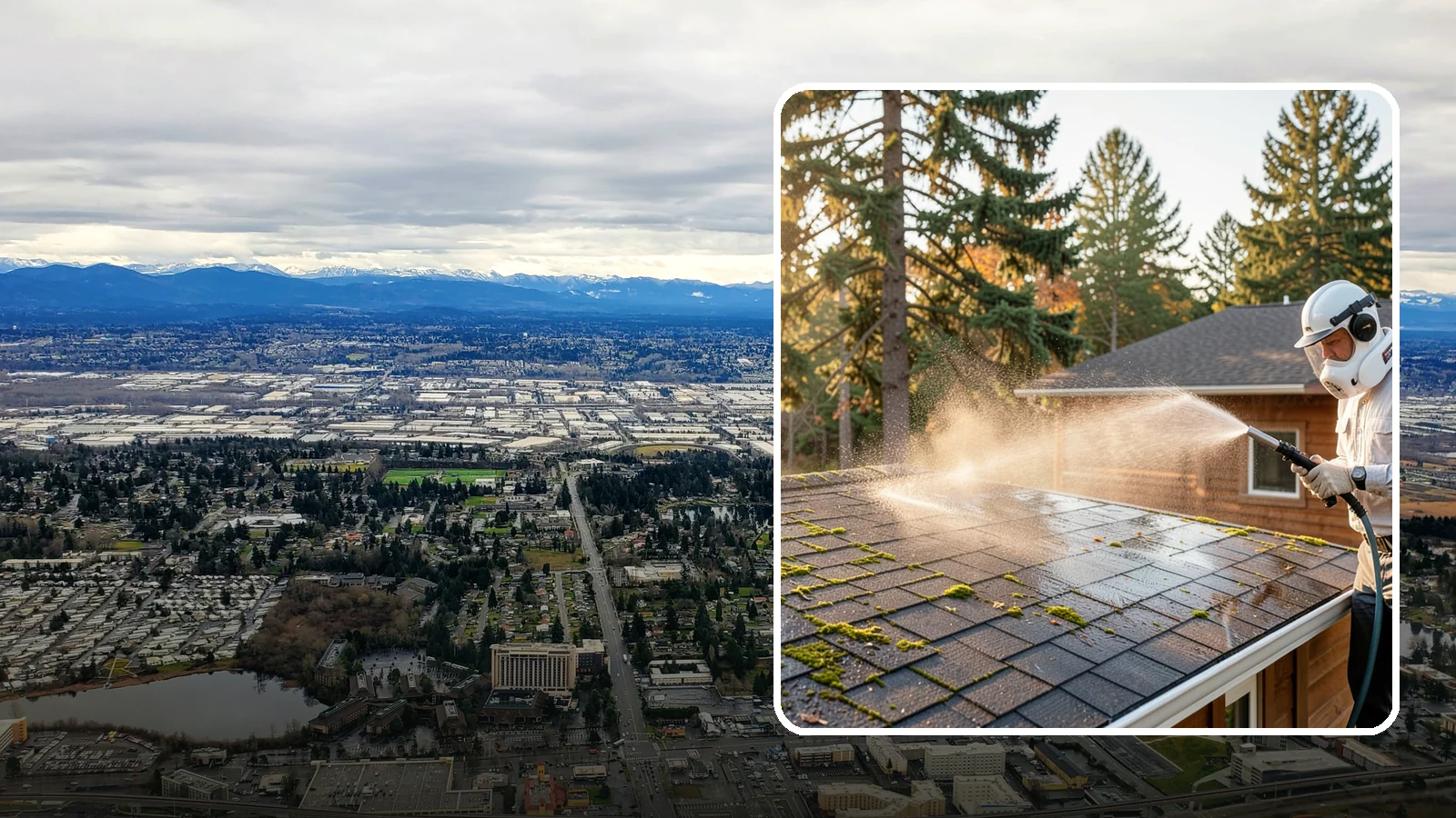 Soft Roof Washing in SeaTac, King County, WA - A gentle low-pressure soft wash that safely removes organic growth from delicate or aging Washington roofs.