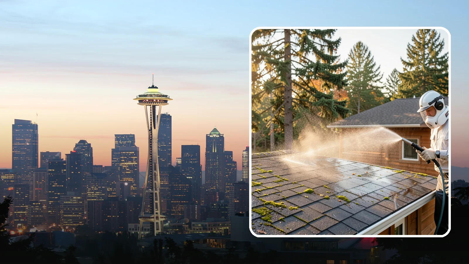 Soft Roof Washing in Seattle, King County, WA - A gentle low-pressure soft wash that safely removes organic growth from delicate or aging Washington roofs.