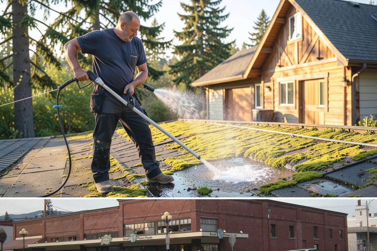 Soft Roof Washing in Sedro-Woolley, Skagit County, WA - Dry, mild days in summer give the soft wash solution ideal conditions to break down growth completely.