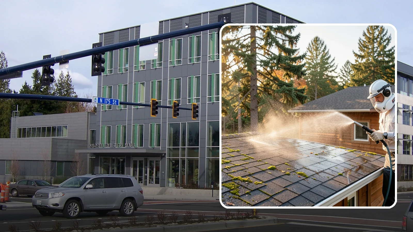Soft Roof Washing in Shoreline, King County, WA - A gentle low-pressure soft wash that safely removes organic growth from delicate or aging Washington roofs.