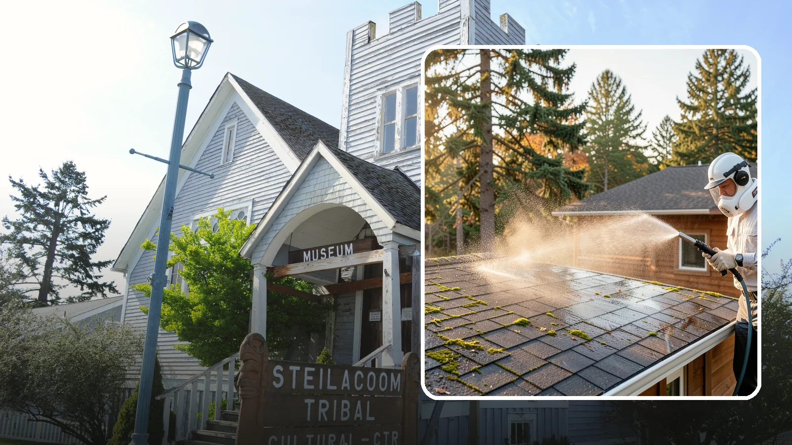 Soft Roof Washing in Steilacoom, Pierce County, WA - A gentle low-pressure soft wash that safely removes organic growth from delicate or aging Washington roofs.