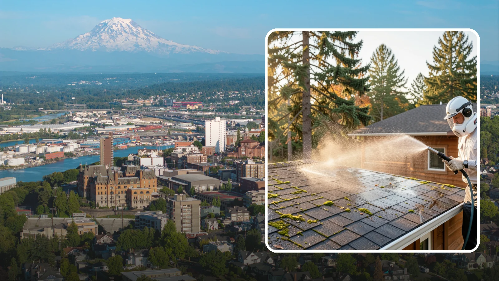 Soft Roof Washing in Tacoma, Pierce County, WA - A gentle low-pressure soft wash that safely removes organic growth from delicate or aging Washington roofs.