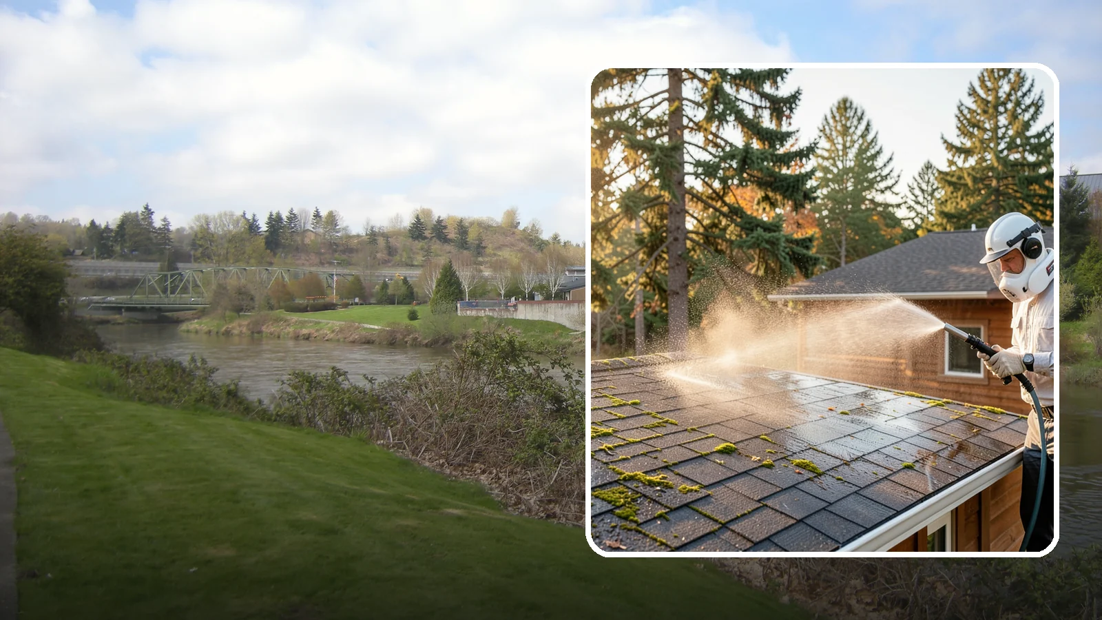 Soft Roof Washing in Tukwila, King County, WA - A gentle low-pressure soft wash that safely removes organic growth from delicate or aging Washington roofs.