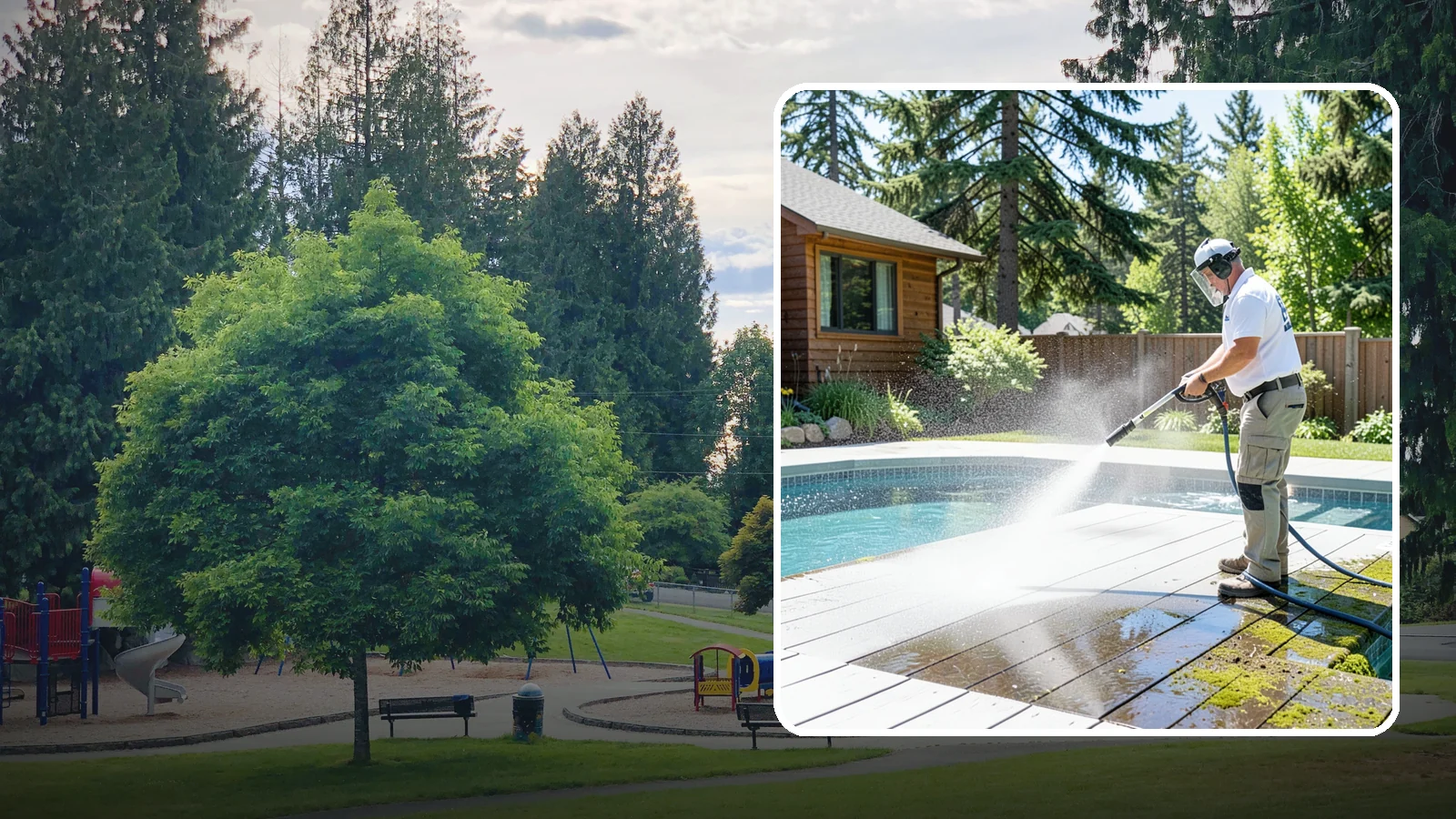 Spa Surround Cleaning in Bonney Lake, Pierce County, WA - We clean the decking and hardscape surrounding your spa to remove the moss and algae that make wet feet a slipping risk.