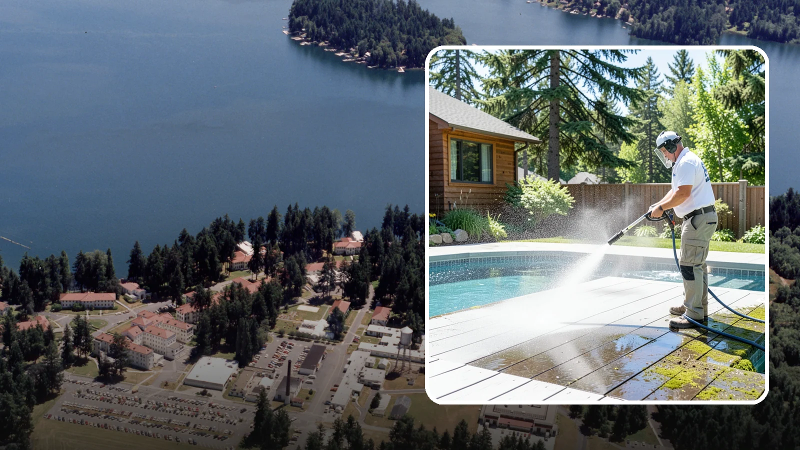 Spa Surround Cleaning in Lakewood, Pierce County, WA - We clean the decking and hardscape surrounding your spa to remove the moss and algae that make wet feet a slipping risk.