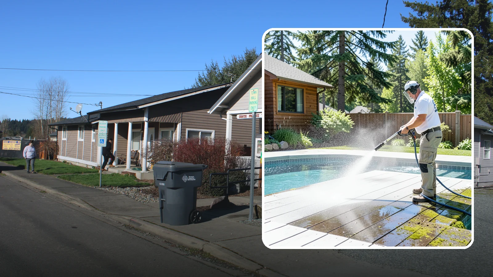Spa Surround Cleaning in South Prairie, Pierce County, WA - We clean the decking and hardscape surrounding your spa to remove the moss and algae that make wet feet a slipping risk.