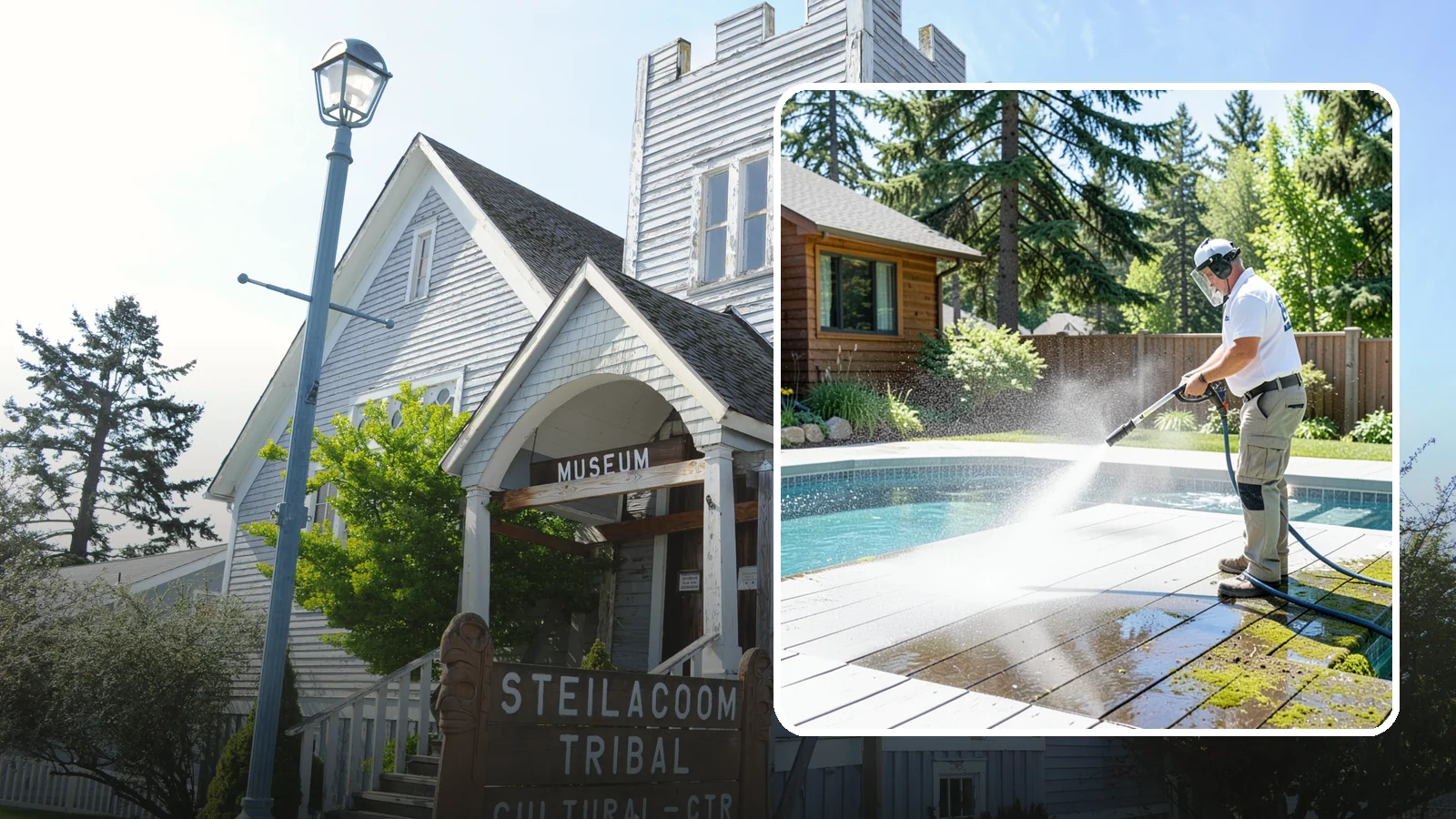 Spa Surround Cleaning in Steilacoom, Pierce County, WA - We clean the decking and hardscape surrounding your spa to remove the moss and algae that make wet feet a slipping risk.