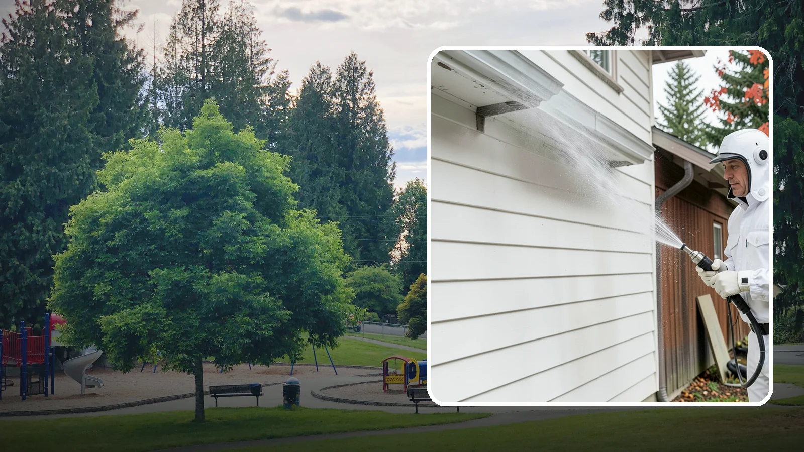 Spring Exterior Cleaning in Bonney Lake, Pierce County, WA - A spring exterior cleaning clears away the green film and grime that build up on Washington homes through the long, wet...