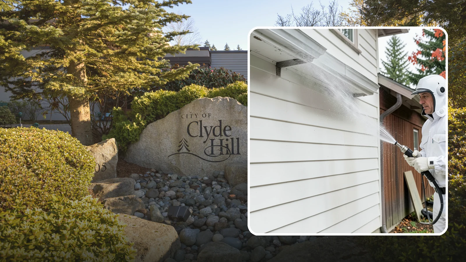 Spring Exterior Cleaning in Clyde Hill, King County, WA - A spring exterior cleaning clears away the green film and grime that build up on Washington homes through the long, wet...