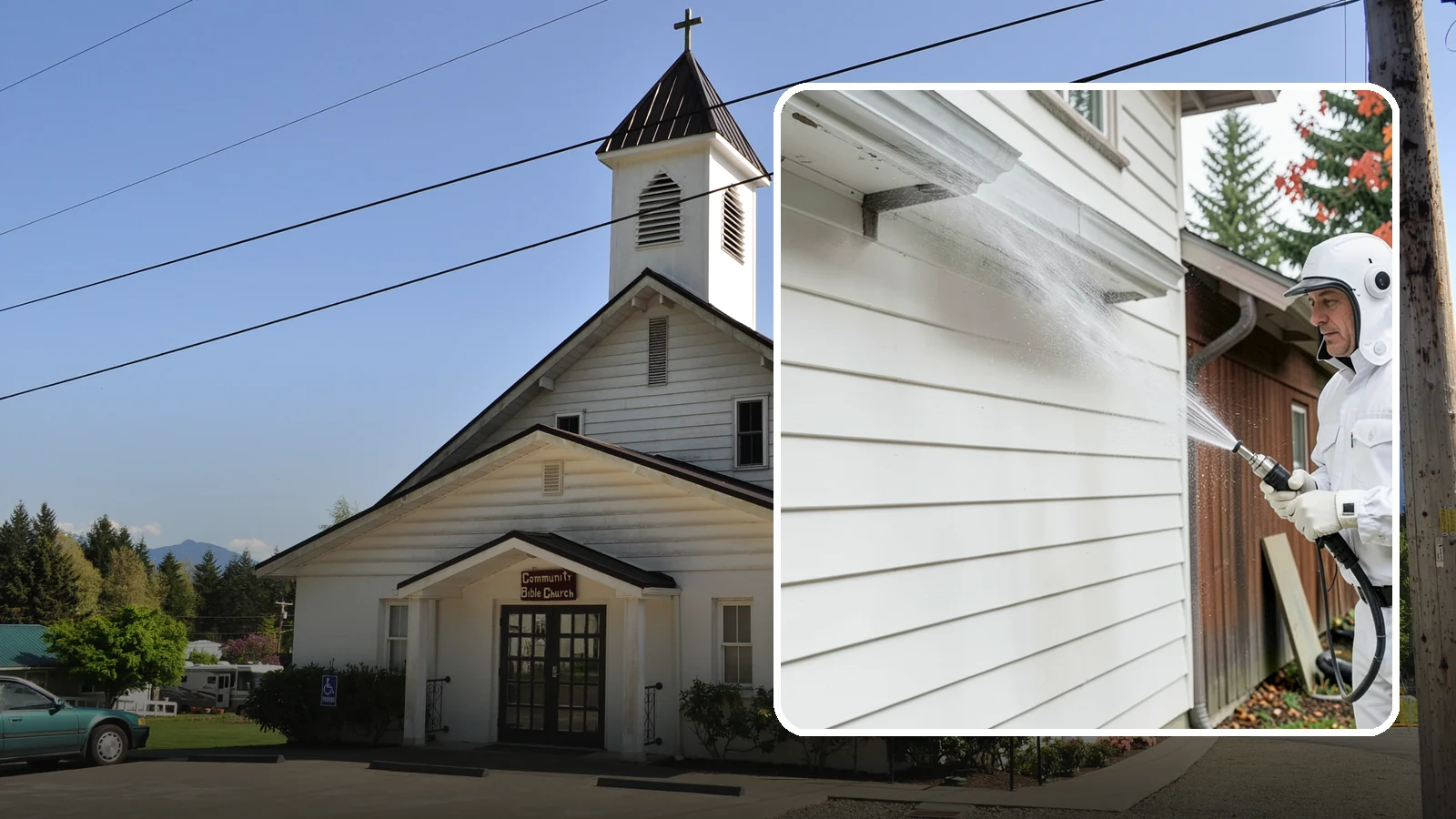 Spring Exterior Cleaning in Concrete, Skagit County, WA - A spring exterior cleaning clears away the green film and grime that build up on Washington homes through the long, wet...