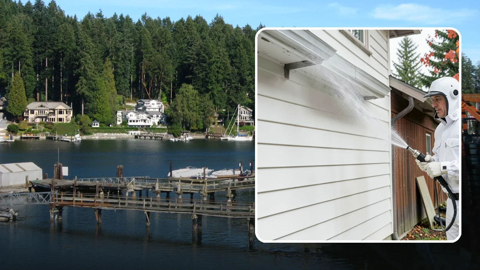 Spring Exterior Cleaning in Gig Harbor, Pierce County, WA - A spring exterior cleaning clears away the green film and grime that build up on Washington homes through the long, wet...