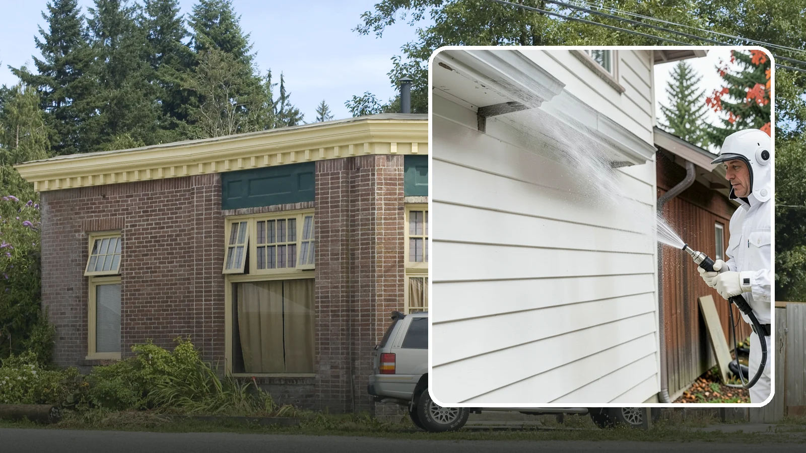 Spring Exterior Cleaning in Hamilton, Skagit County, WA - A spring exterior cleaning clears away the green film and grime that build up on Washington homes through the long, wet...