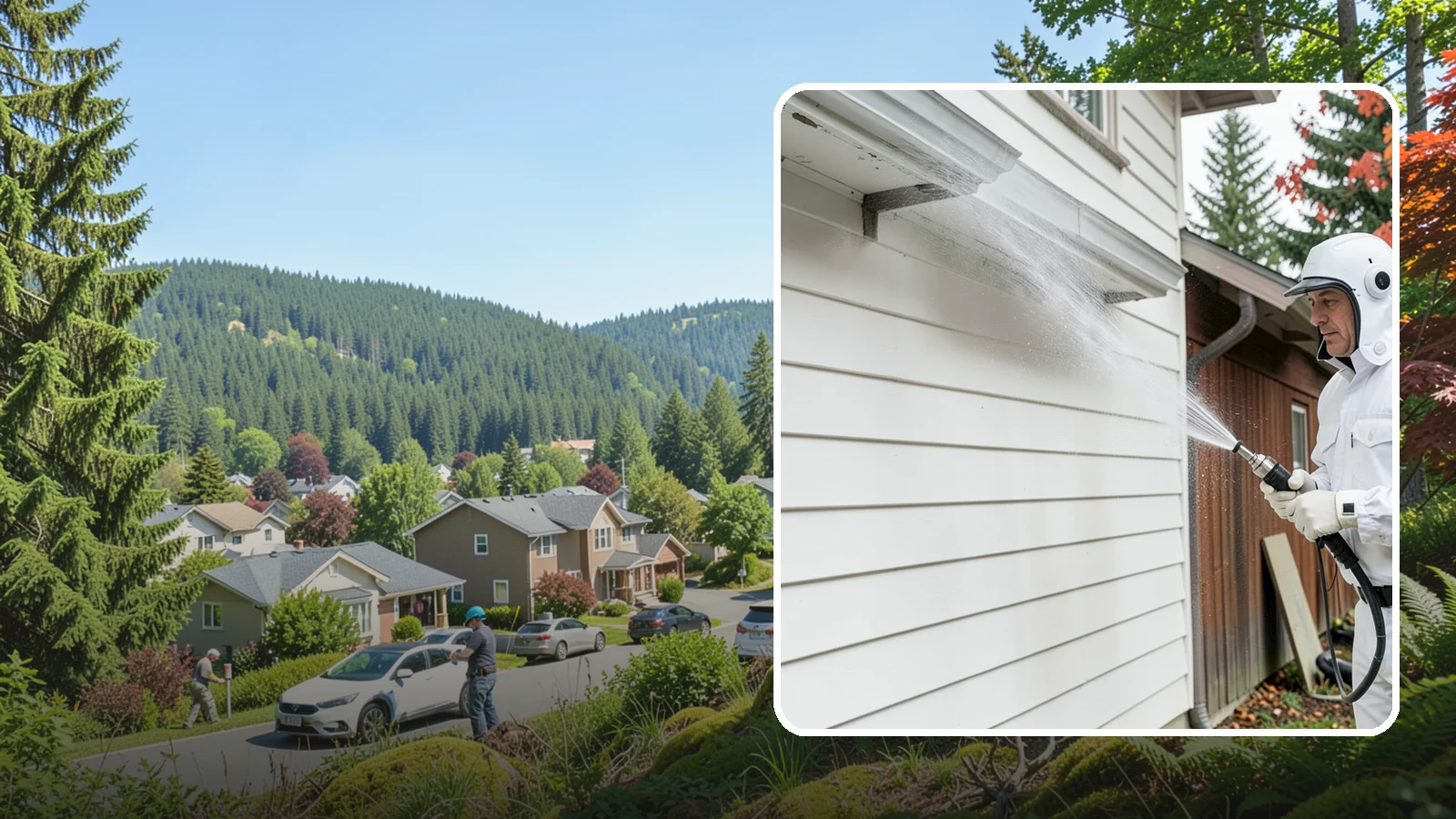Spring Exterior Cleaning in Index, Snohomish County, WA - A spring exterior cleaning clears away the green film and grime that build up on Washington homes through the long, wet...