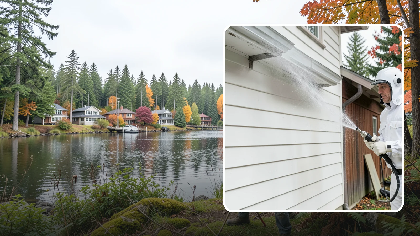 Spring Exterior Cleaning in La Conner, Skagit County, WA - A spring exterior cleaning clears away the green film and grime that build up on Washington homes through the long, wet...
