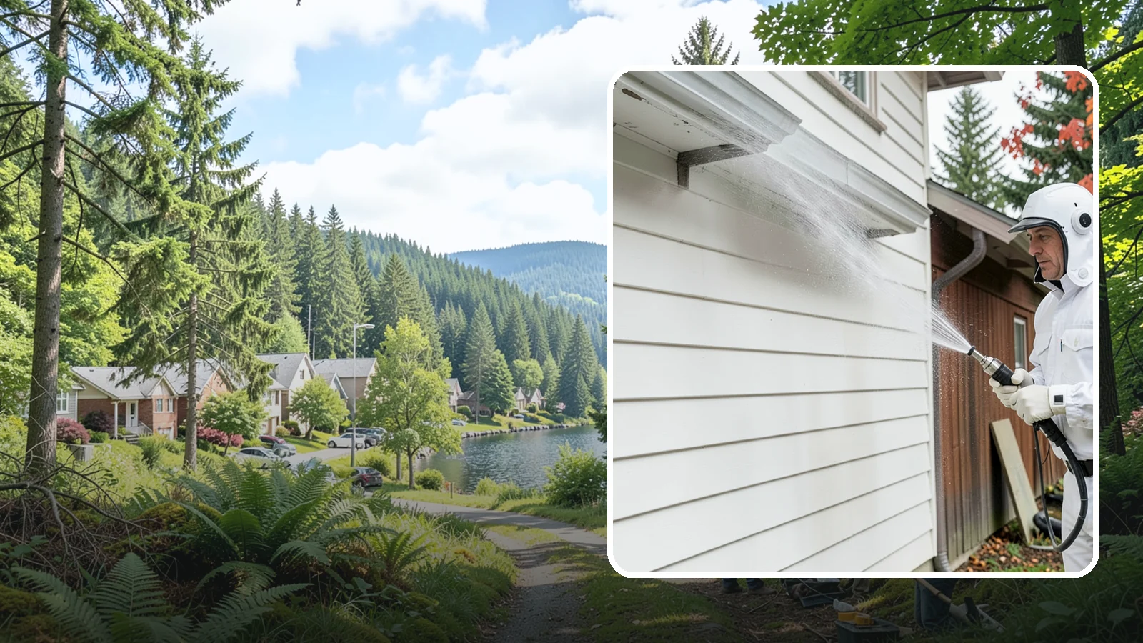 Spring Exterior Cleaning in Lake Forest Park, King County, WA - A spring exterior cleaning clears away the green film and grime that build up on Washington homes through the long, wet...