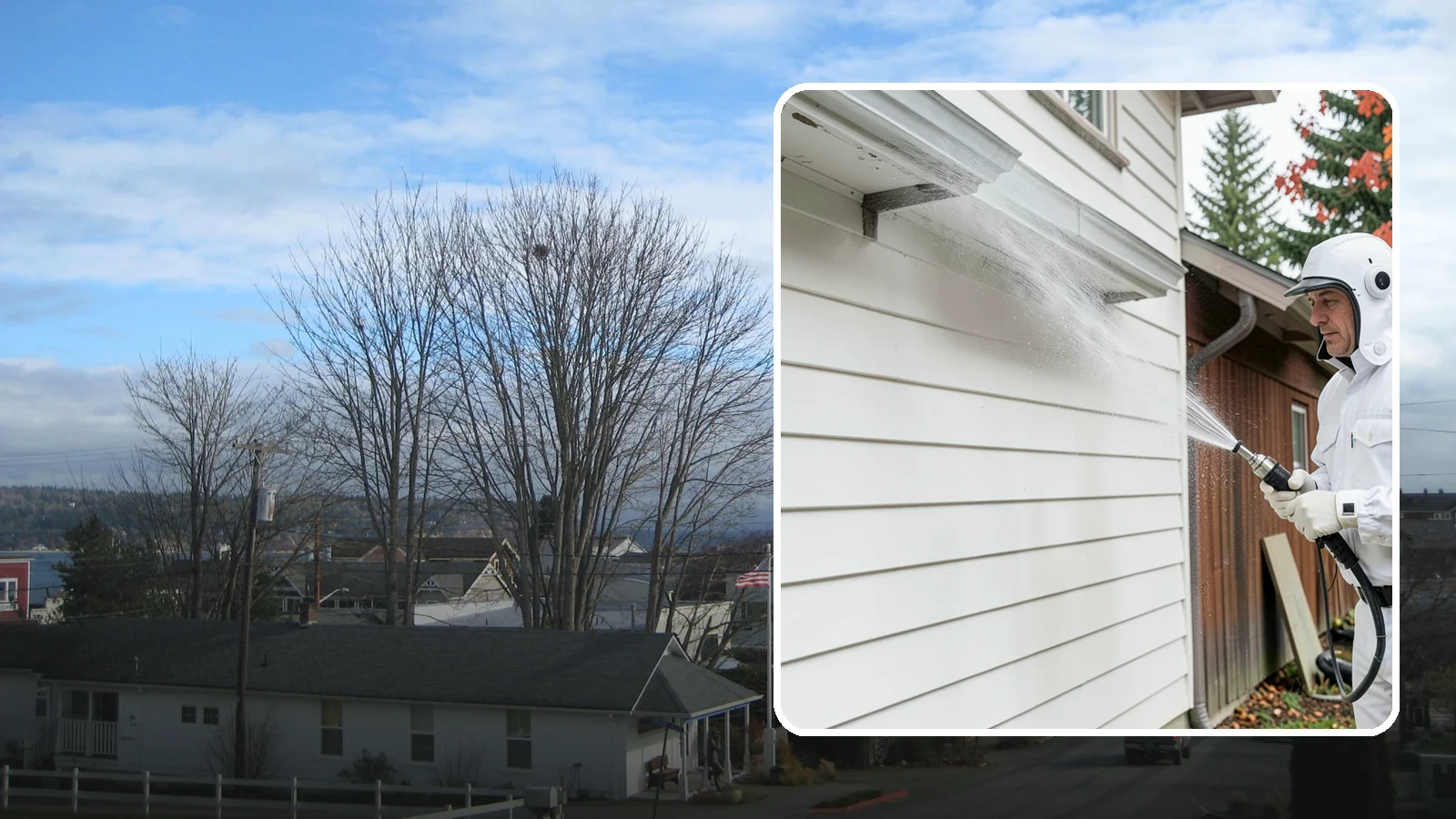 Spring Exterior Cleaning in Langley, Island County, WA - A spring exterior cleaning clears away the green film and grime that build up on Washington homes through the long, wet...