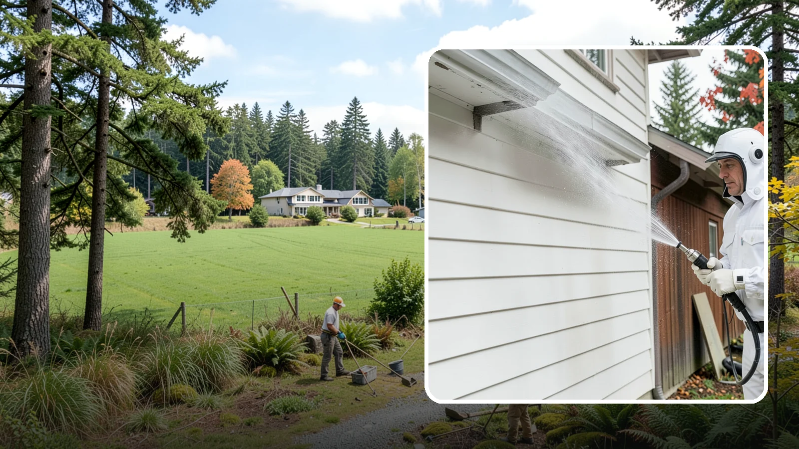 Spring Exterior Cleaning in Lyman, Skagit County, WA - A spring exterior cleaning clears away the green film and grime that build up on Washington homes through the long, wet...