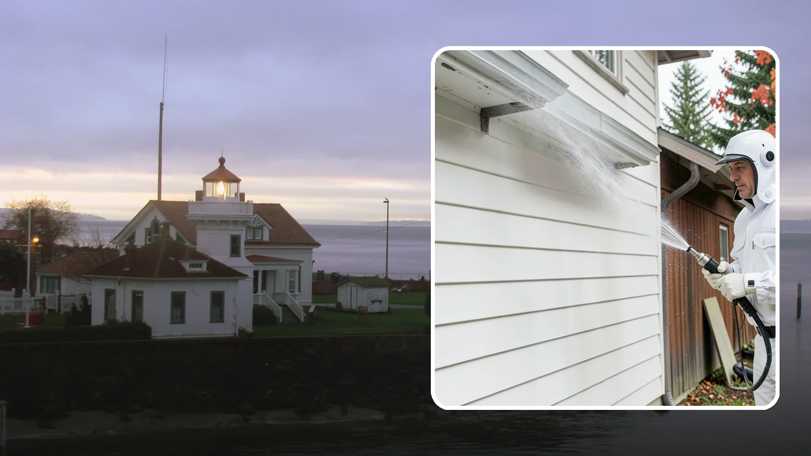 Spring Exterior Cleaning in Mukilteo, Snohomish County, WA - A spring exterior cleaning clears away the green film and grime that build up on Washington homes through the long, wet...