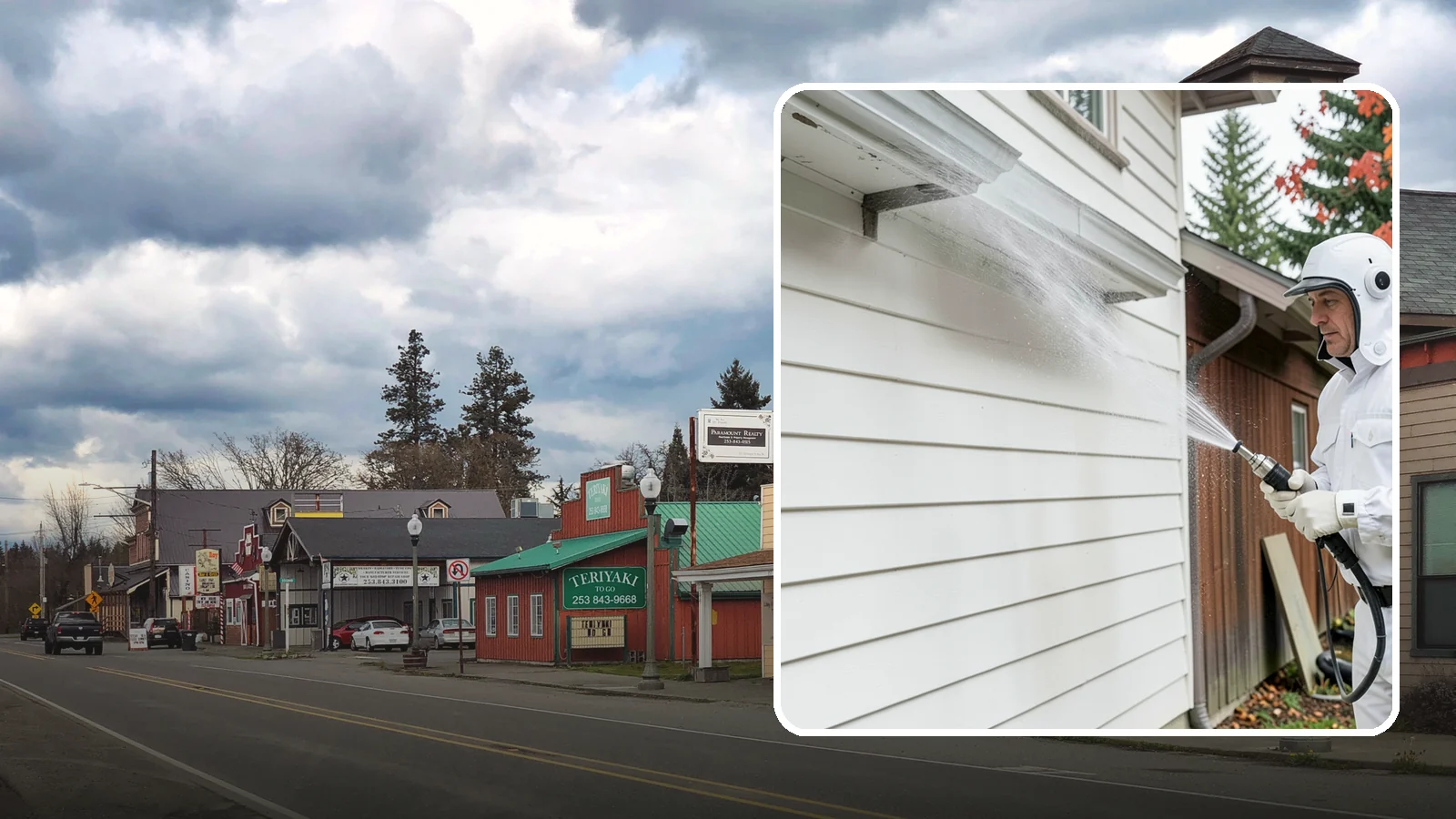 Spring Exterior Cleaning in Roy, Pierce County, WA - A spring exterior cleaning clears away the green film and grime that build up on Washington homes through the long, wet...