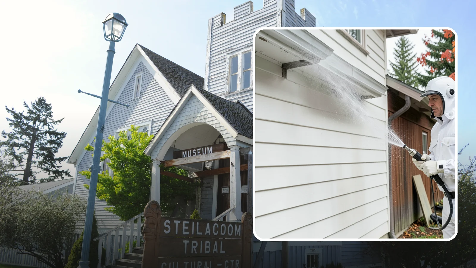 Spring Exterior Cleaning in Steilacoom, Pierce County, WA - A spring exterior cleaning clears away the green film and grime that build up on Washington homes through the long, wet...