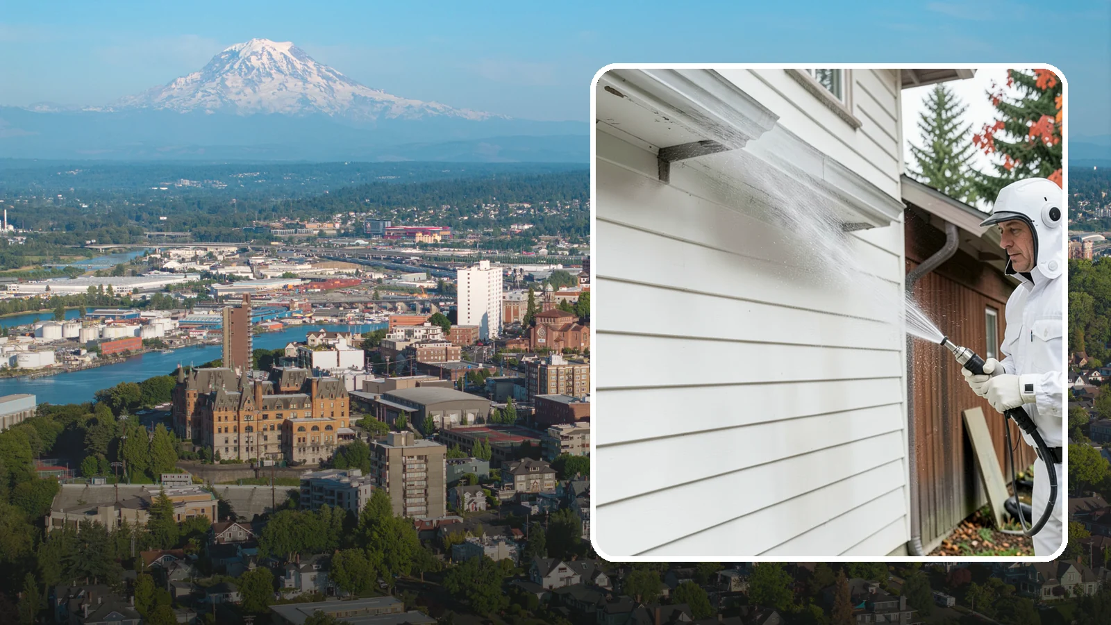 Spring Exterior Cleaning in Tacoma, Pierce County, WA - A spring exterior cleaning clears away the green film and grime that build up on Washington homes through the long, wet...