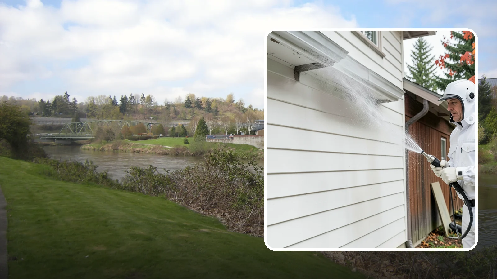 Spring Exterior Cleaning in Tukwila, King County, WA - A spring exterior cleaning clears away the green film and grime that build up on Washington homes through the long, wet...