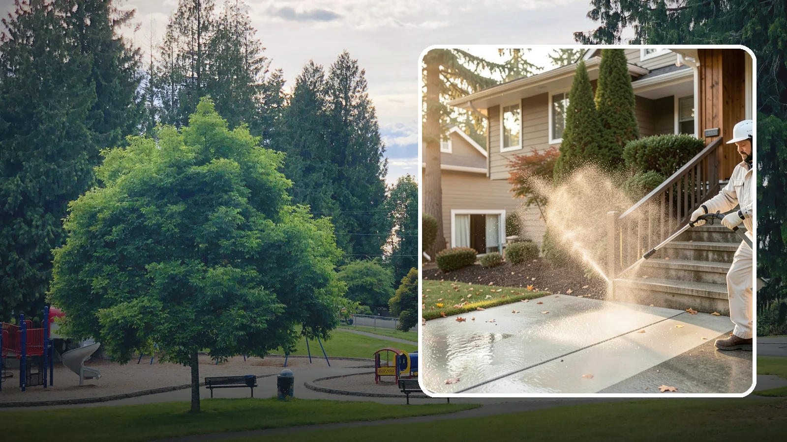 Stair Cleaning in Bonney Lake, Pierce County, WA - Clean exterior stairs to remove the slick moss layer that makes wet-weather steps dangerous.