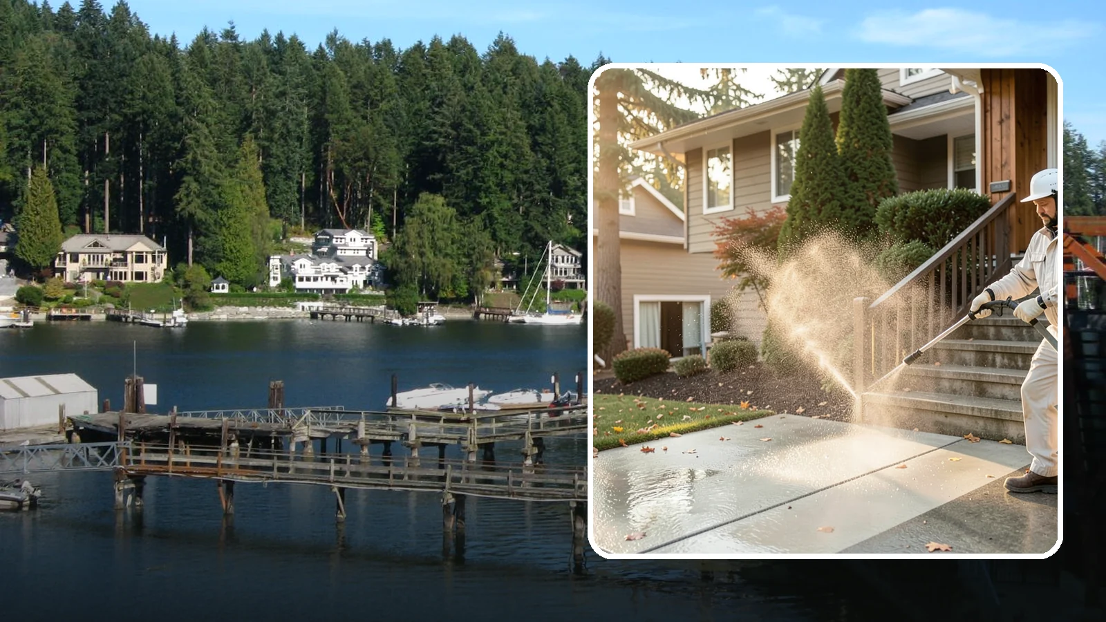 Stair Cleaning in Gig Harbor, Pierce County, WA - Clean exterior stairs to remove the slick moss layer that makes wet-weather steps dangerous.