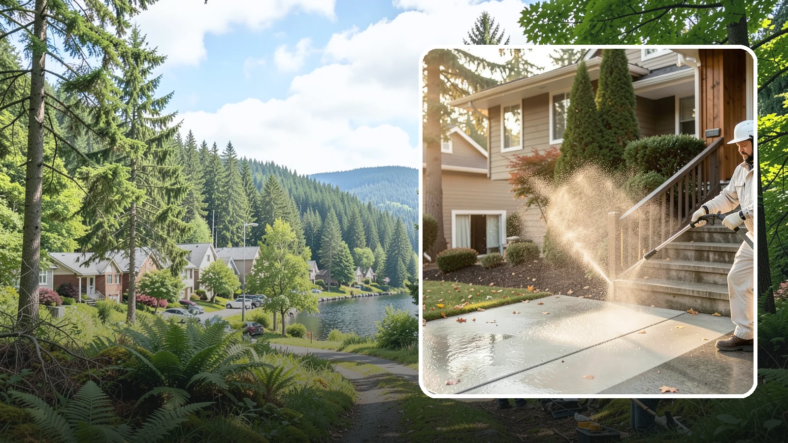 Stair Cleaning in Lake Forest Park, King County, WA - Clean exterior stairs to remove the slick moss layer that makes wet-weather steps dangerous.