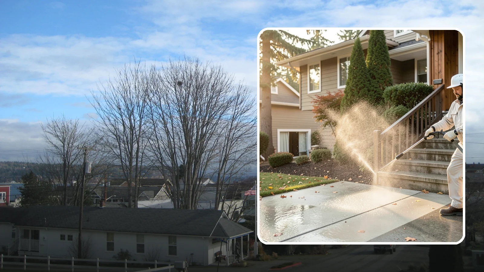 Stair Cleaning in Langley, Island County, WA - Clean exterior stairs to remove the slick moss layer that makes wet-weather steps dangerous.