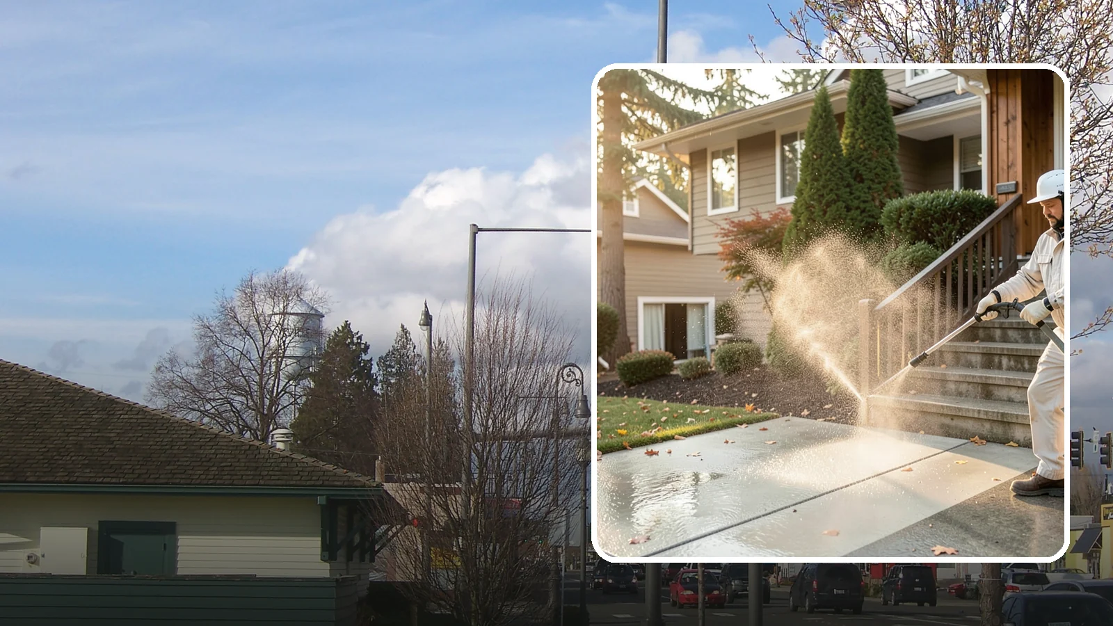 Stair Cleaning in Marysville, Snohomish County, WA - Clean exterior stairs to remove the slick moss layer that makes wet-weather steps dangerous.