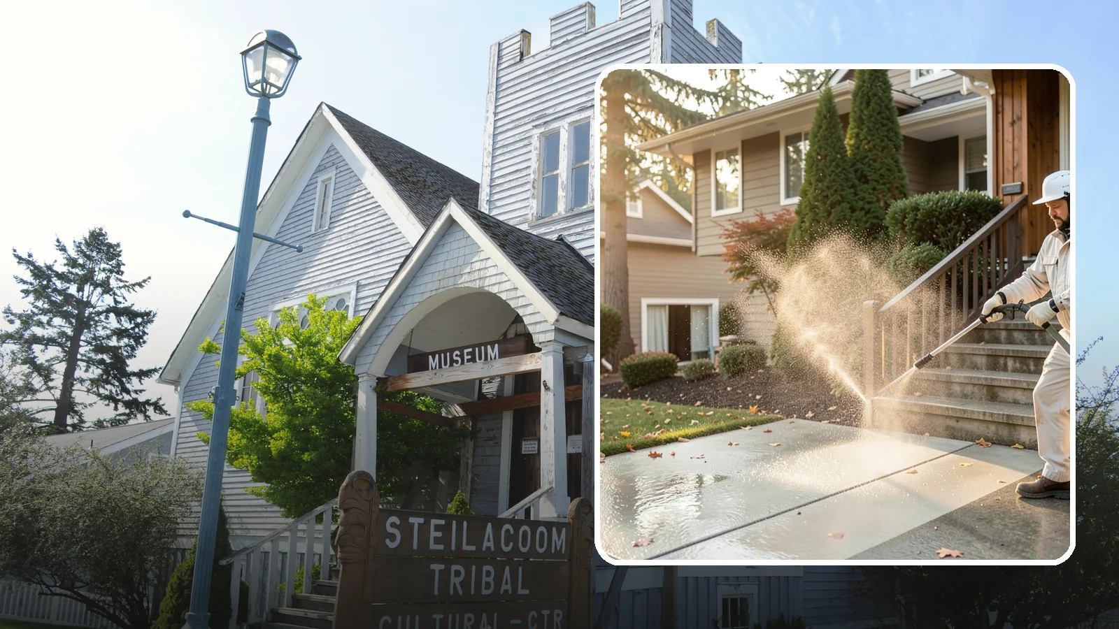 Stair Cleaning in Steilacoom, Pierce County, WA - Clean exterior stairs to remove the slick moss layer that makes wet-weather steps dangerous.