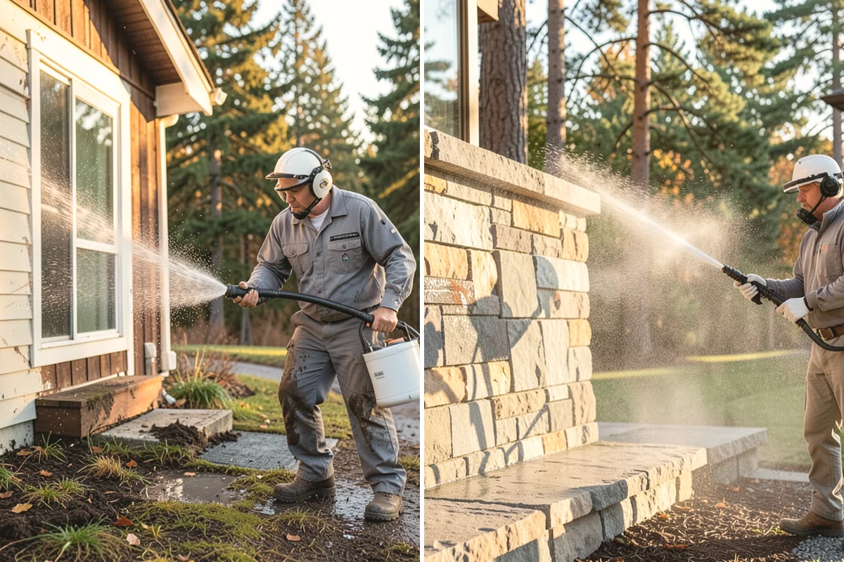 Stair Cleaning in Yarrow Point, King County, WA - Clear debris and pre-treat treads and risers