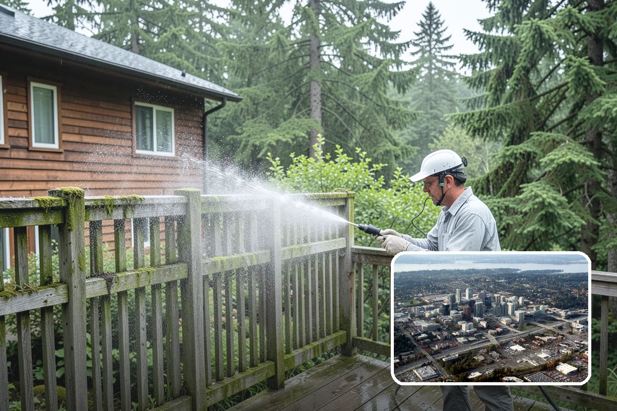 Stairwell Cleaning in Bellevue, King County, WA - Removes slick algae and grime from shaded treads