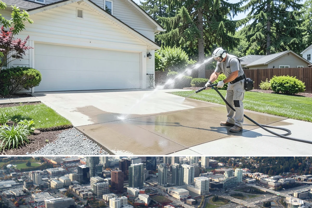 Stairwell Cleaning in Bellevue, King County, WA - Stairwells benefit from cleaning two to three times a year, with priority through the wet fall and winter when algae peaks.