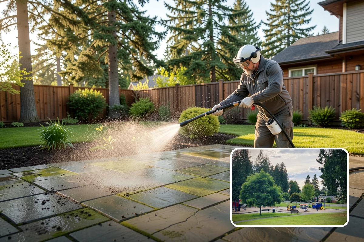 Stairwell Cleaning in Bonney Lake, Pierce County, WA - Removes slick algae and grime from shaded treads