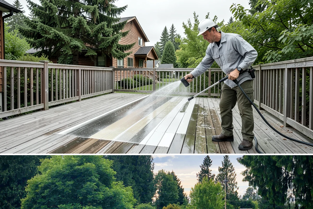 Stairwell Cleaning in Bonney Lake, Pierce County, WA - Stairwells benefit from cleaning two to three times a year, with priority through the wet fall and winter when algae peaks.